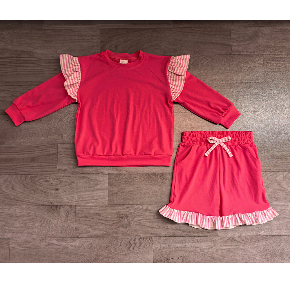 GLS0221 Girls Hot Pink Flutter Sleeve Top with Ruffle Shorts Outfit