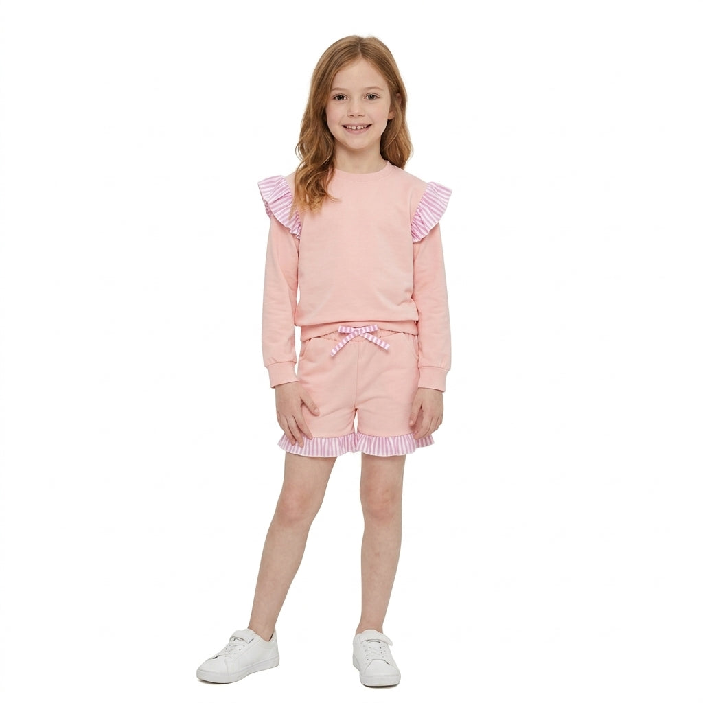 GLS0222 Girls Pink Flutter Sleeve Top with Ruffle Shorts Outfit