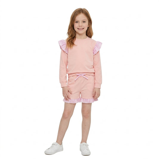 GLS0222 Girls Pink Flutter Sleeve Top with Ruffle Shorts Outfit
