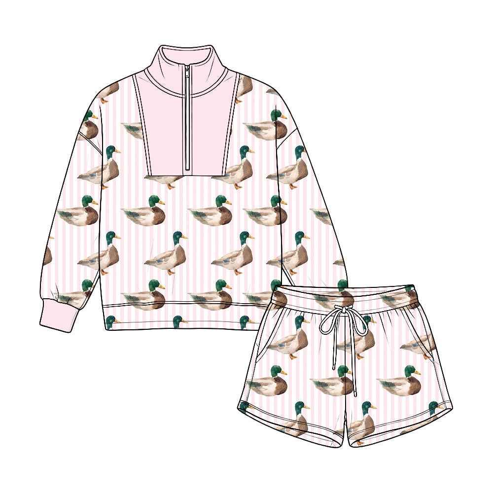 8.22   Preorder Mallard Pink Duck  Print   Half‑Zip Pullover & Drawstring Shorts Set