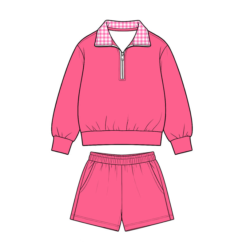 8.28 GLS0225 Preorder Hot Pink Color Half‑Zip Pullover Top Pockets Shorts Girls Clothes Set