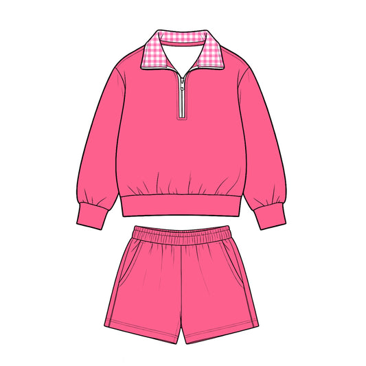 8.28 GLS0225 Preorder Hot Pink Color Half‑Zip Pullover Top Pockets Shorts Girls Clothes Set