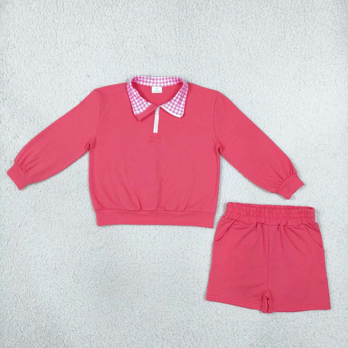 Sibling  Baby Girl Gingham Neckline Zipper Pullover Top Pocket Shorts Outfit