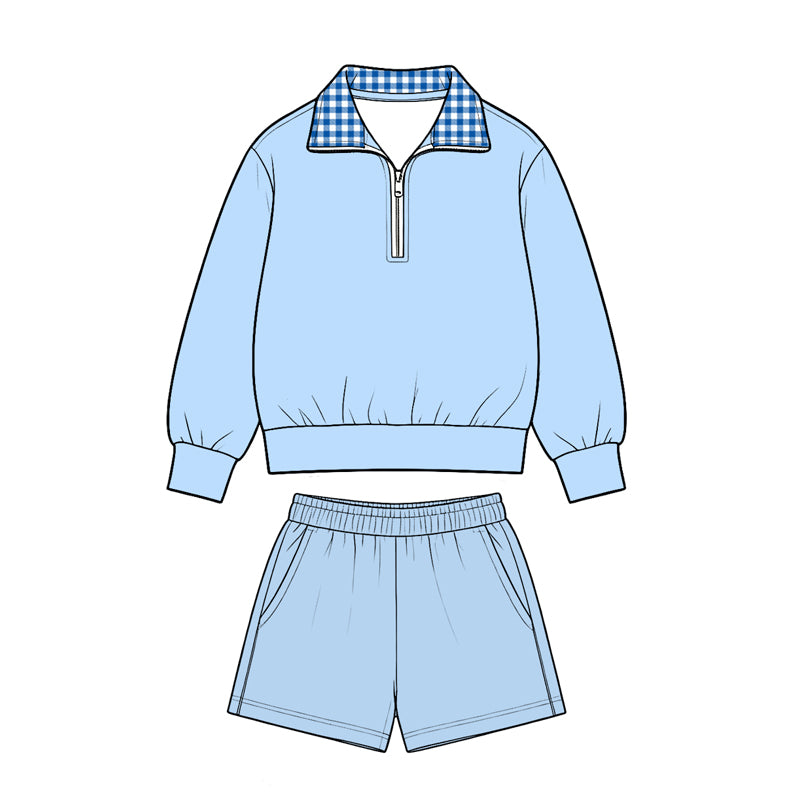 8.28 GLS0226 Preorder Blue Color Half‑Zip Pullover Top Pockets Shorts Girls Clothes Set