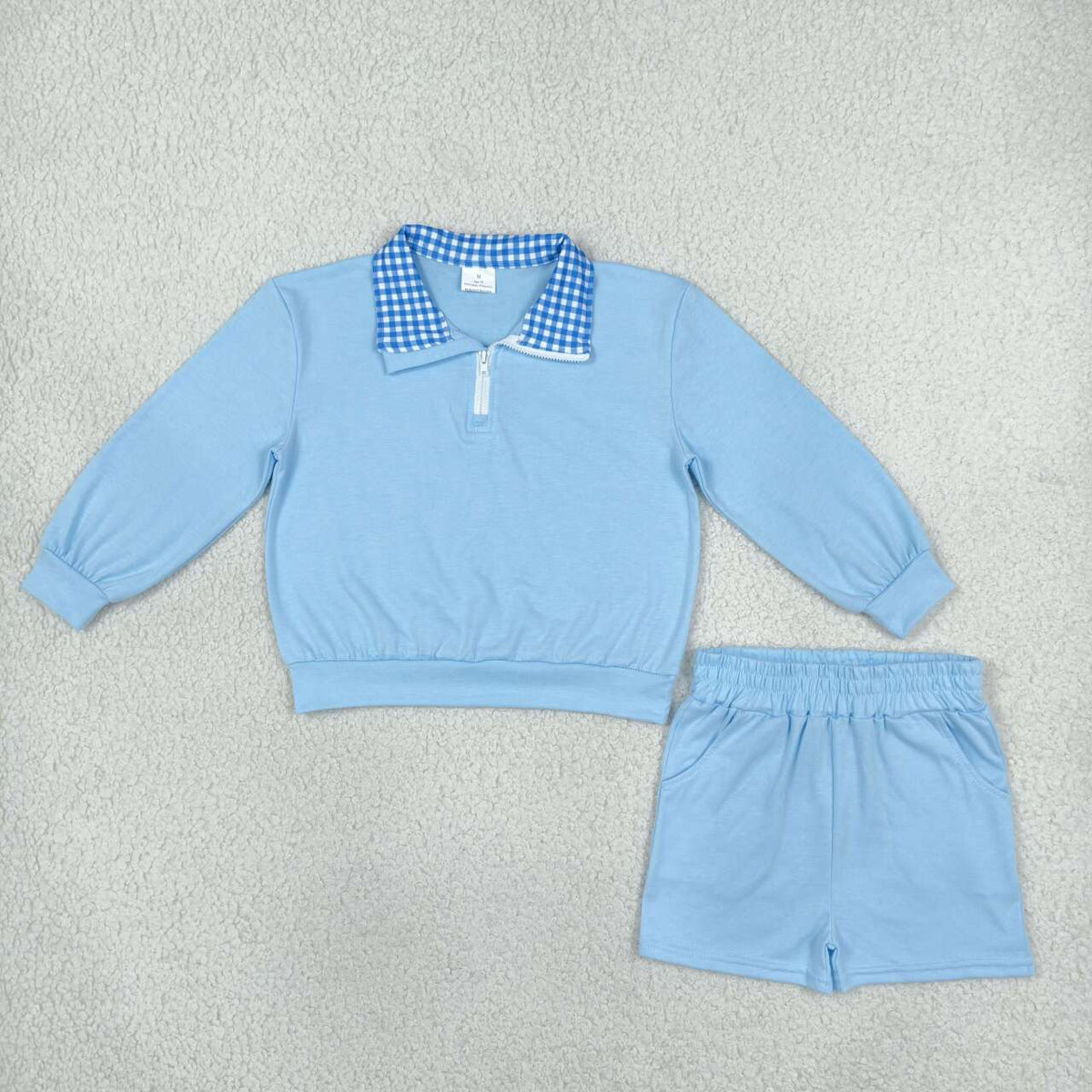 GLS0226 Blue Cotton Half‑Zip Pullover Top Pockets Shorts Girls Clothes Set