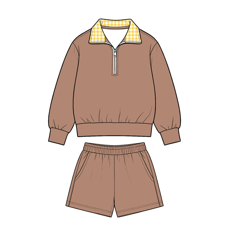 8.28 GLS0227 Preorder Brown Color Half‑Zip Pullover Top Pockets Shorts Girls Clothes Set