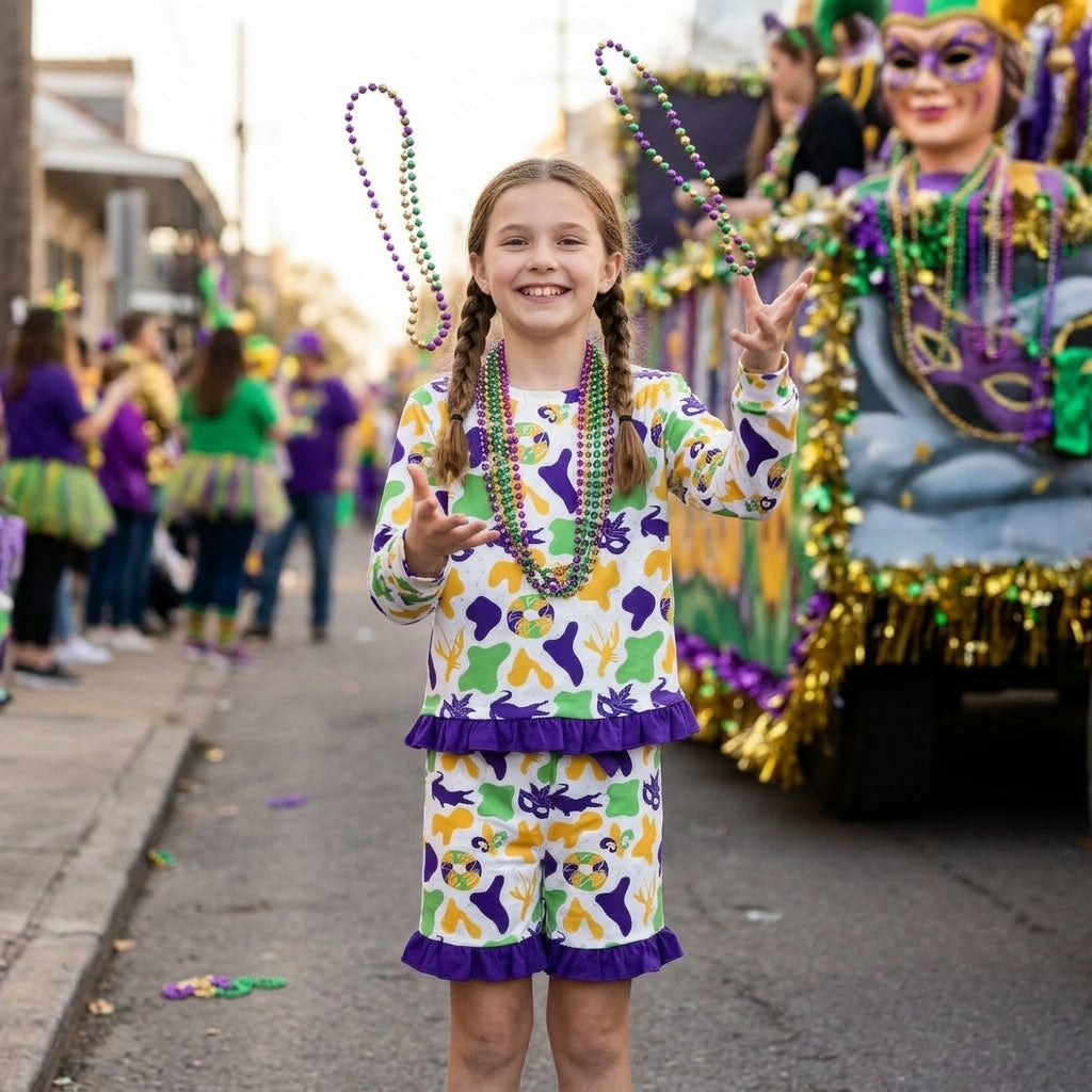 GLS0243 Donut Anchor Crayfish Camo Long Sleeve Top Ruffle Shorts Girls Mardi Gras Clothes Set
