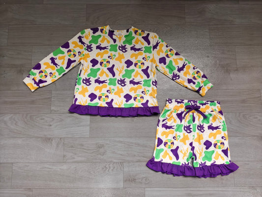 9.8 GLS0243 Preorder Donut Anchor Crayfish Camo Long Sleeve Top Ruffle Shorts Girls Mardi Gras Clothes Set