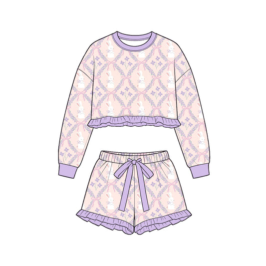 9.8 GLS0246 Preorder Baby Girls Easter Purple Flowers Rabbit Long Sleeve Top Shorts Outfit