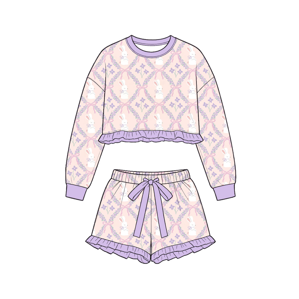 9.8 GLS0246 Preorder Bunny Flowers Bows Long Sleeve Top Ruffle Shorts Girls Easter Clothes Set