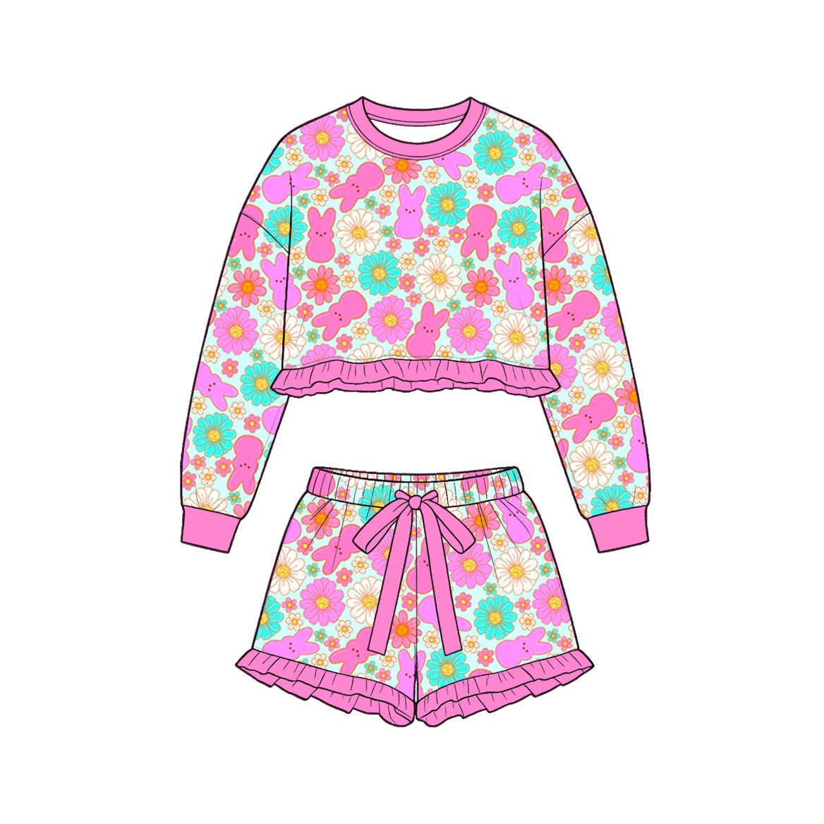 9.8 GLS0247 Preorder Bunny Flowers Long Sleeve Top Ruffle Shorts Girls Easter Clothes Set