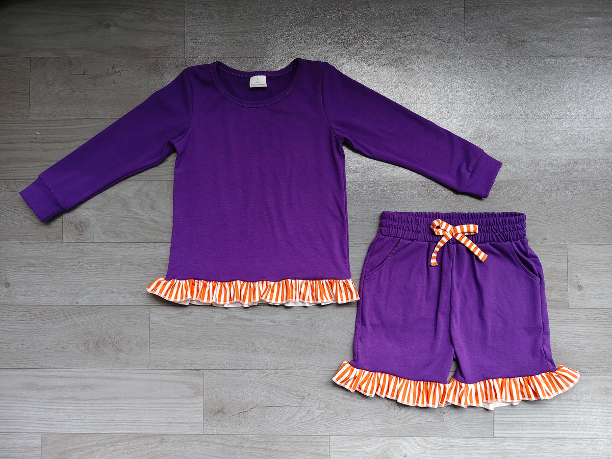 9.10 GLS0248 Preorder Purple Long Sleeve Top Orange Ruffle Shorts Girls Clothes Set