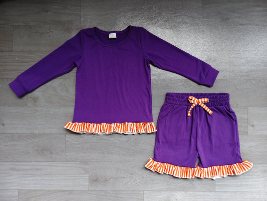 9.10 GLS0248 Preorder Purple Long Sleeve Top Orange Ruffle Shorts Girls Clothes Set