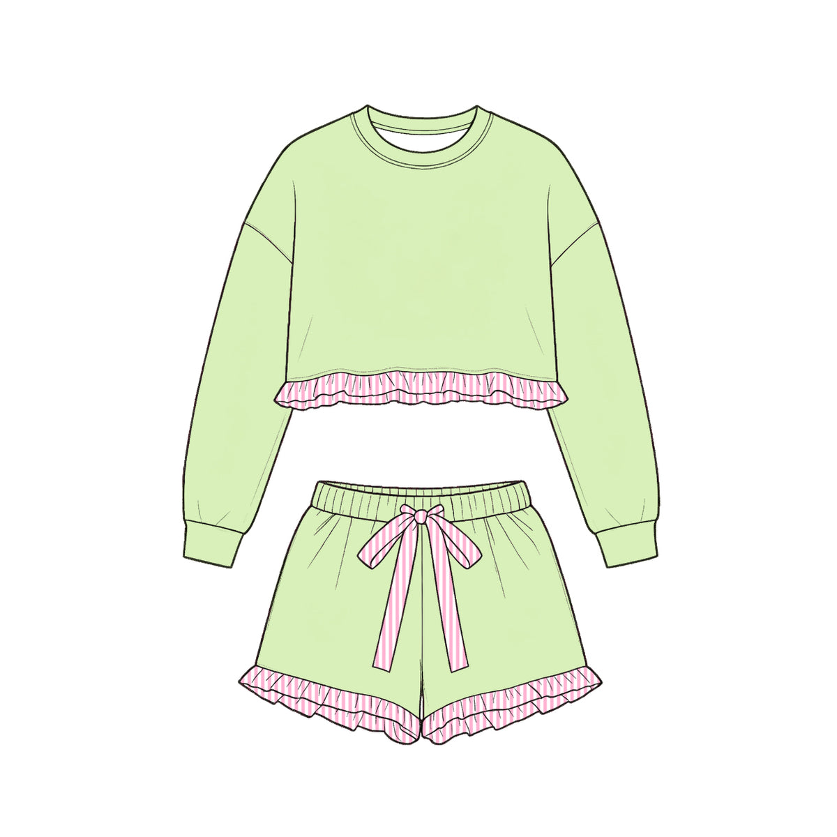 9.10 GLS0249 Preorder Light Green Long Sleeve Top Orange Ruffle Shorts Girls Clothes Set