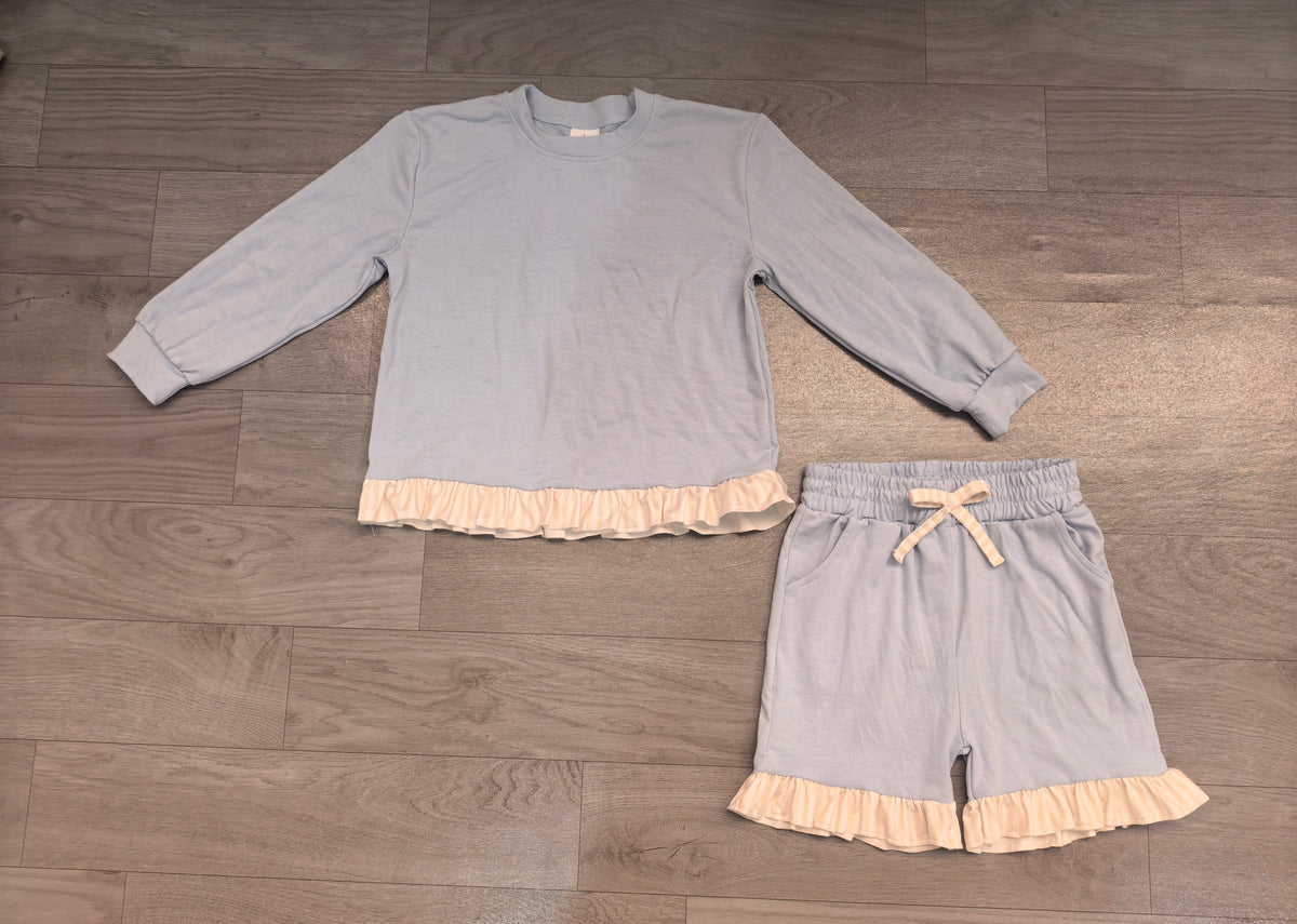 9.10 GLS0250 Preorder Light Blue Long Sleeve Top Orange Ruffle Shorts Girls Clothes Set