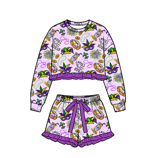 9.15 GLS0252 Preorder Baby Girls Mardi Gras party Long Sleeve Top with Skort Outfit