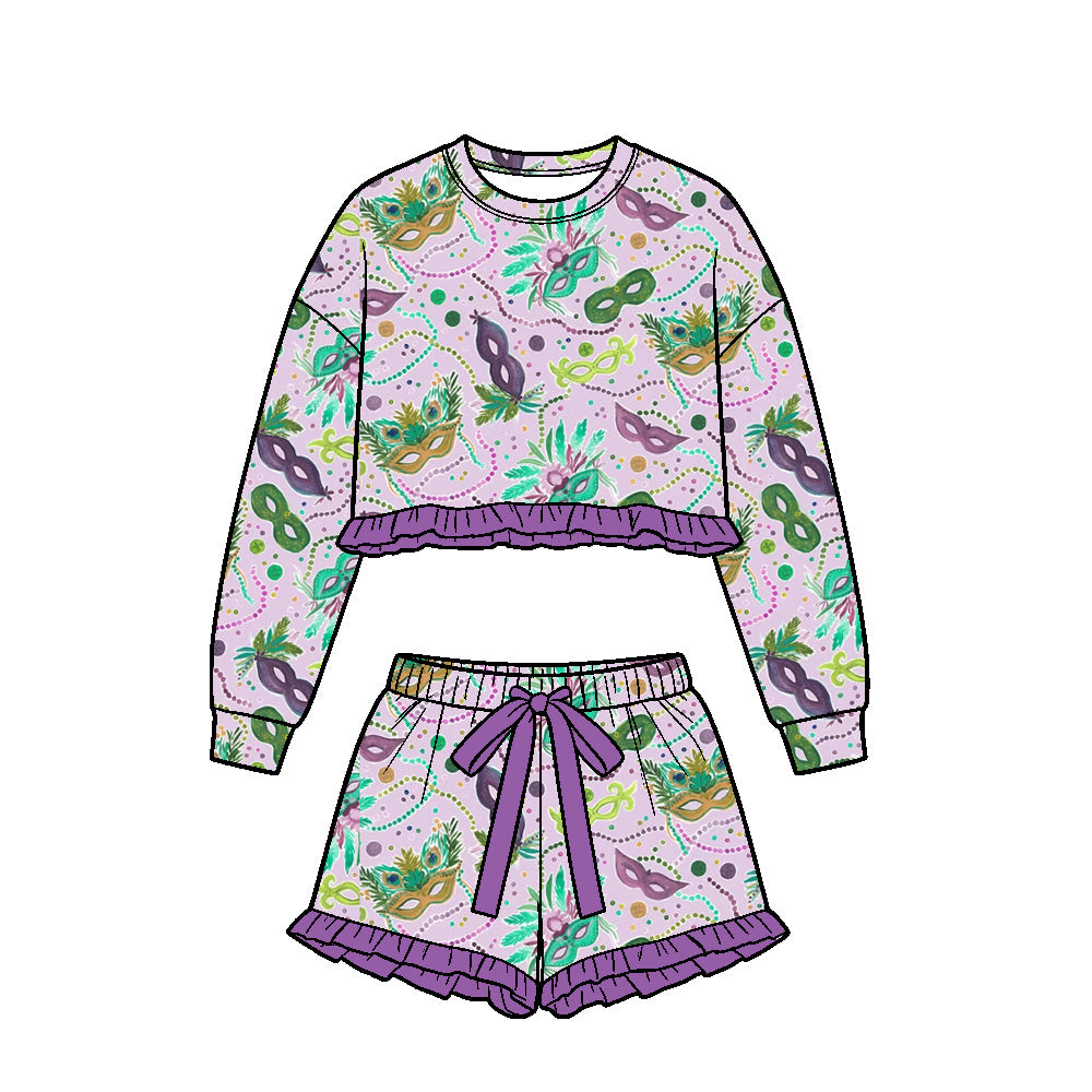 9.15 GLS0253 Preorder Baby Girls Mardi Gras Mask Long Sleeve Top with Skort Outfit