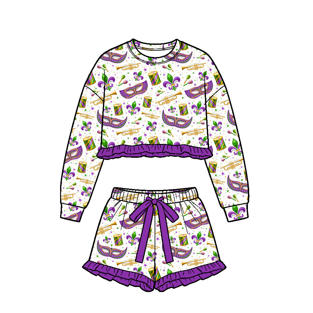 9.15GLS0255 Preorder Baby Girls Mardi Gras Mask Trumpet Long Sleeve Top with Skort Outfit