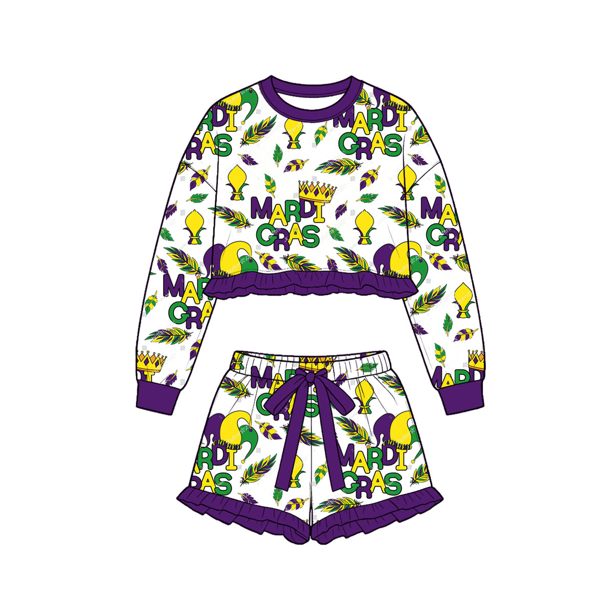 9.15 GLS0256 Preorder Baby Girls Mardi Gras Letter Crown Feather Long Sleeve Top with Skort Outfit