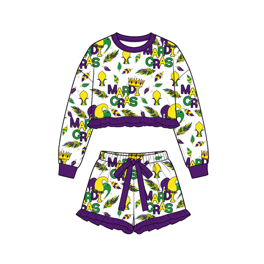 9.15 GLS0256 Preorder Baby Girls Mardi Gras Letter Crown Feather Long Sleeve Top with Skort Outfit
