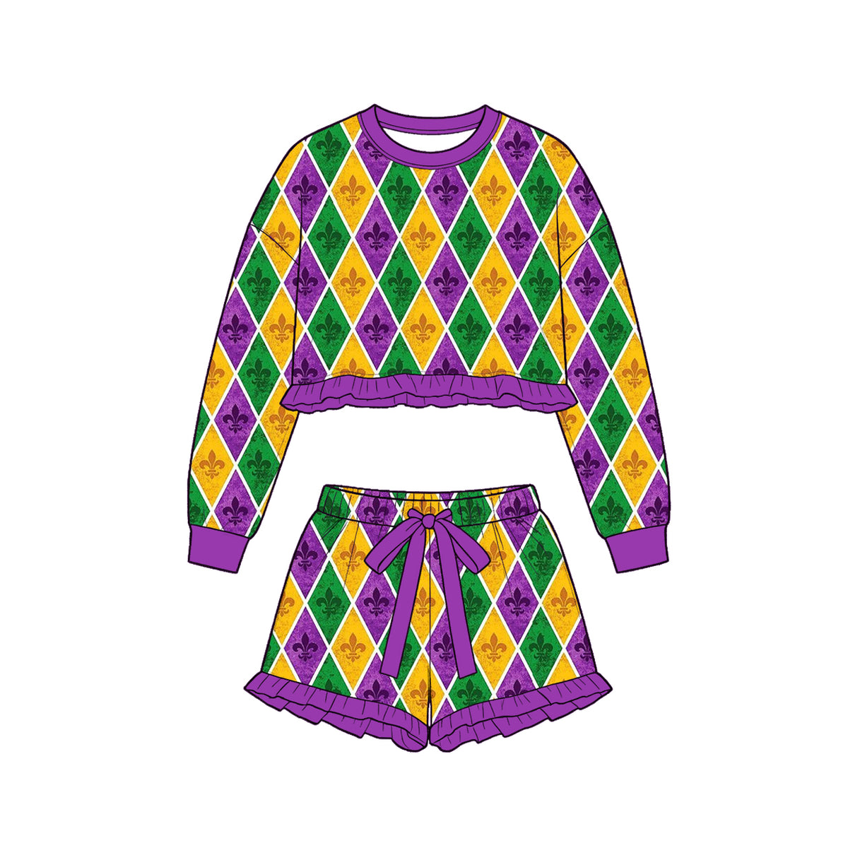 9.15 GLS0258 Preorder Baby Girls Diamond Fleur‑de‑lis Long Sleeve Top with Skort Outfit