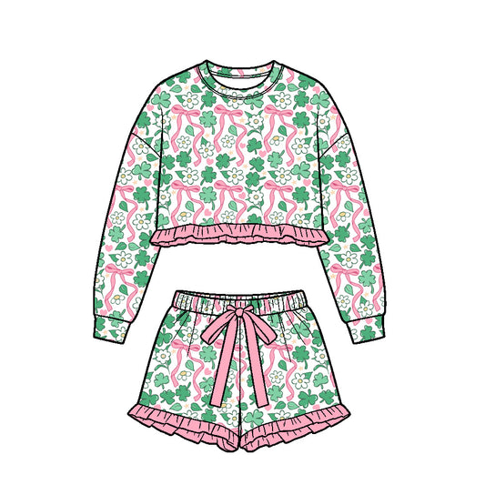 9.15 GLS0262 Preorder 3‑leaf Clovers Bows Flowers Print Long Sleeve Top Shorts Girls St Patrick Day Clothes Set