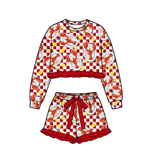 9.18 GLS0263 Preorder Girls Crawfish Long Sleeve Cropped Top & Ruffle Shorts Set