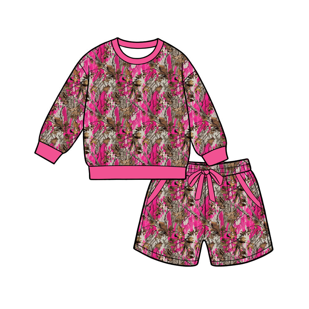 9.11 GLS02683 Preorder Adult Women Pink Camo Long Sleeve Top Shorts Outfit