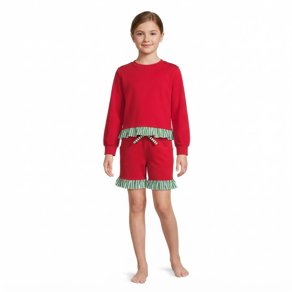 GLS0269 Girls Cotton Red Long Sleeve Green Striped Ruffle Shorts Outfits