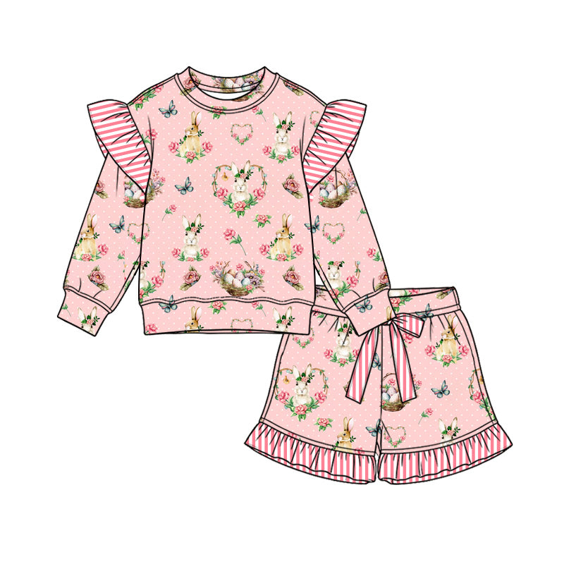 10.10 GLS0270 Preorder Kids Girls Easter  Bunny Long Sleeve Top Shorts Outfit