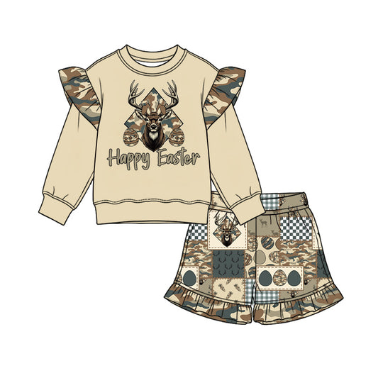 10.13 GLS0271 Preorder Happy Easter Kids Hunting Deer Eggs Top Shorts Outfit