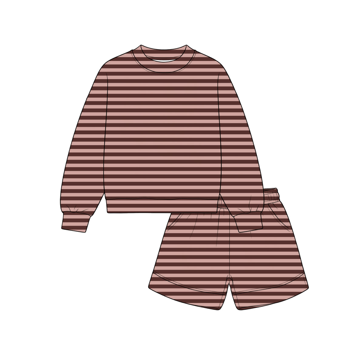 10.29 GLS0272 Preorder Brown & Dusty Rose Stripes Long Sleeve Top Pockets Shorts Girls Clothes Set