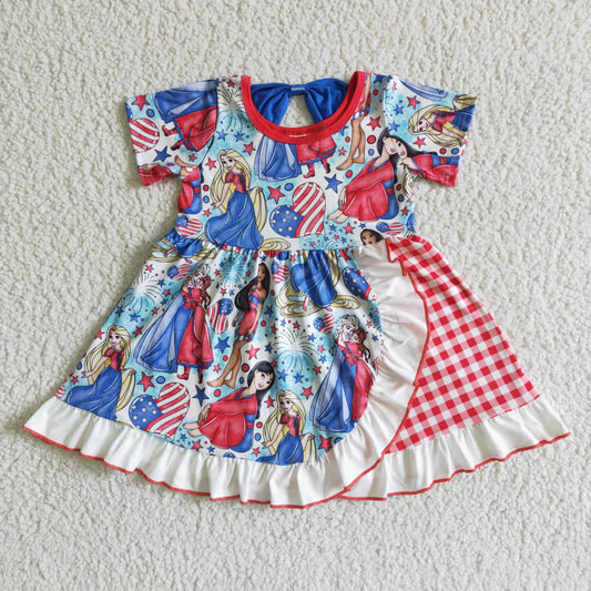 (Promotion)GSD0028 Cartoon Princess Stars Print Ruffle Girls 4th of July Knee Length Dress