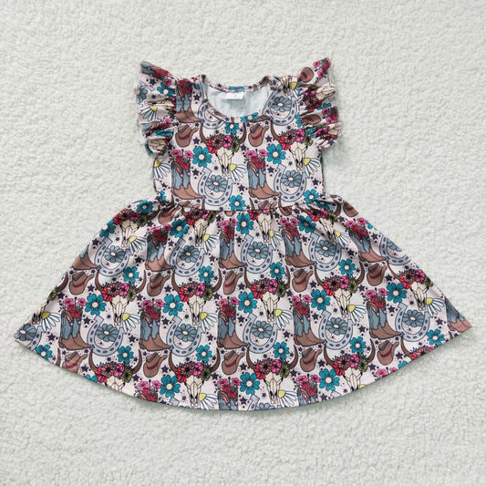Girls cow skull flowers western print dress  GSD0165