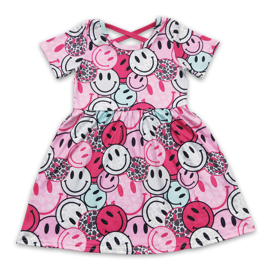 GSD0312 Smiling Pink Print Girls Short Sleeve Knee Length Dress