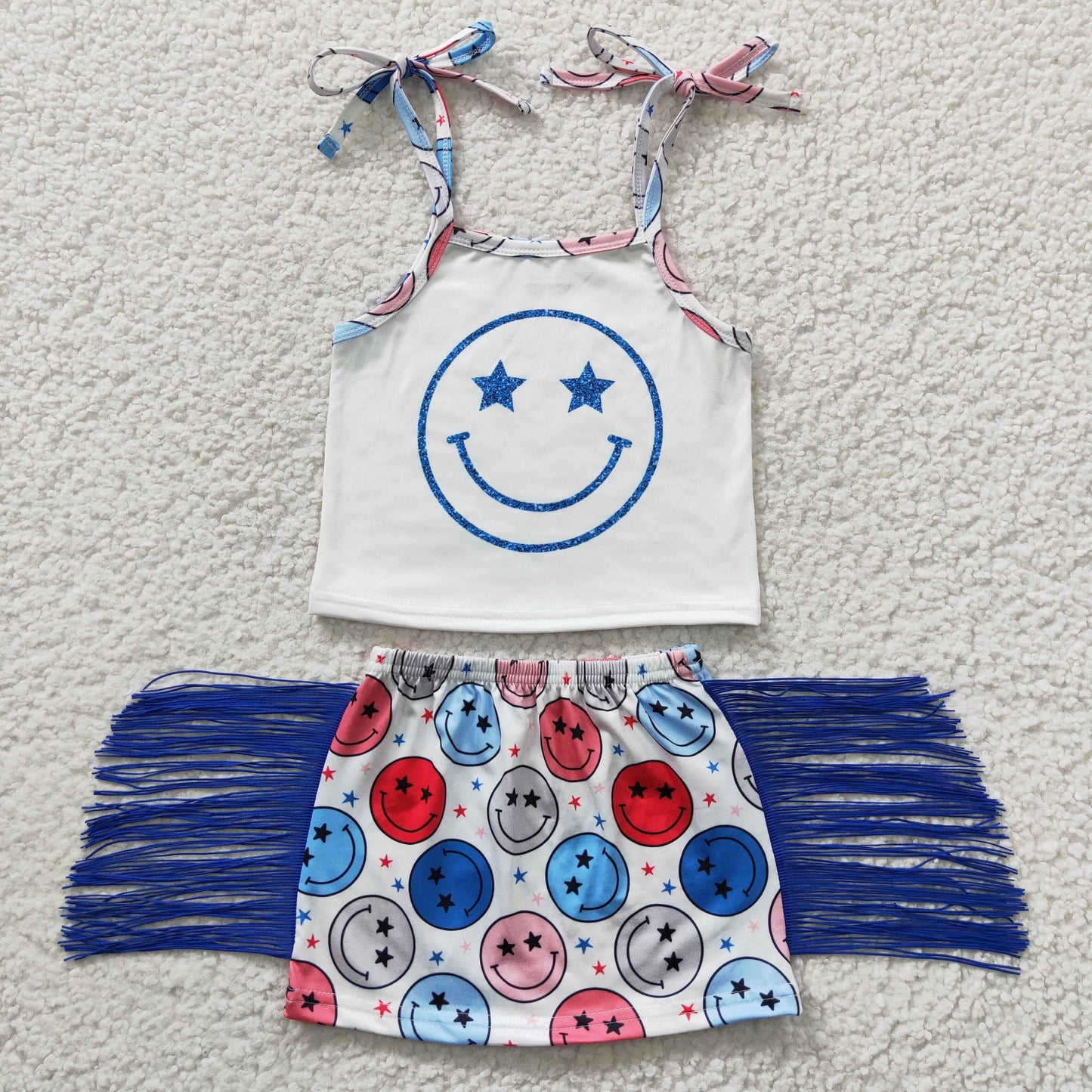 GSD0325 Smiling Strap Top Tassel Skirts Girls 4th of July Clothes Set