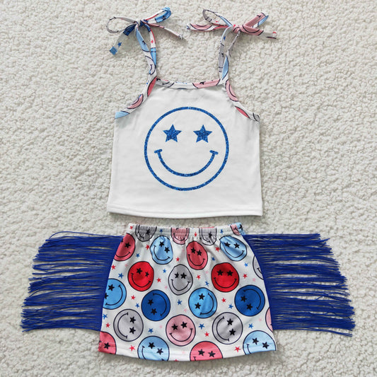 GSD0325 Smiling Strap Top Tassel Skirts Girls 4th of July Clothes Set