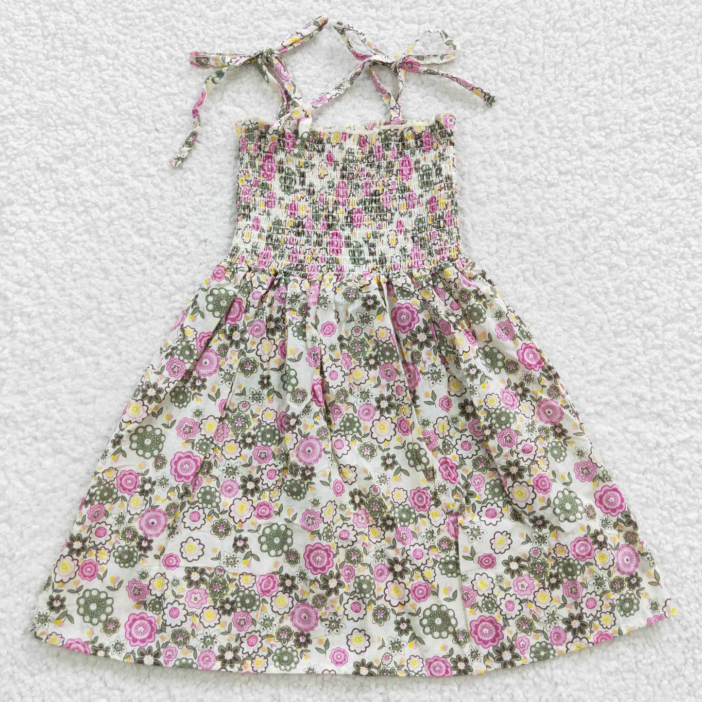 (Promotion)GSD0371 Pink Flowers Print Girls Summer Strap Knee Length Smocked Dress
