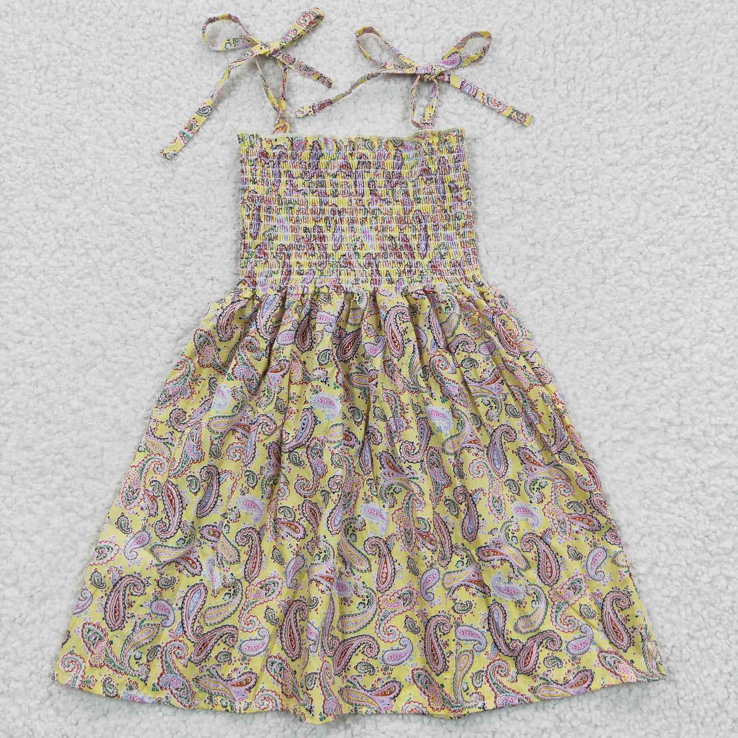 (Promotion)GSD0372 Paisley Yellow Print Girls Summer Strap Knee Length Smocked Dress