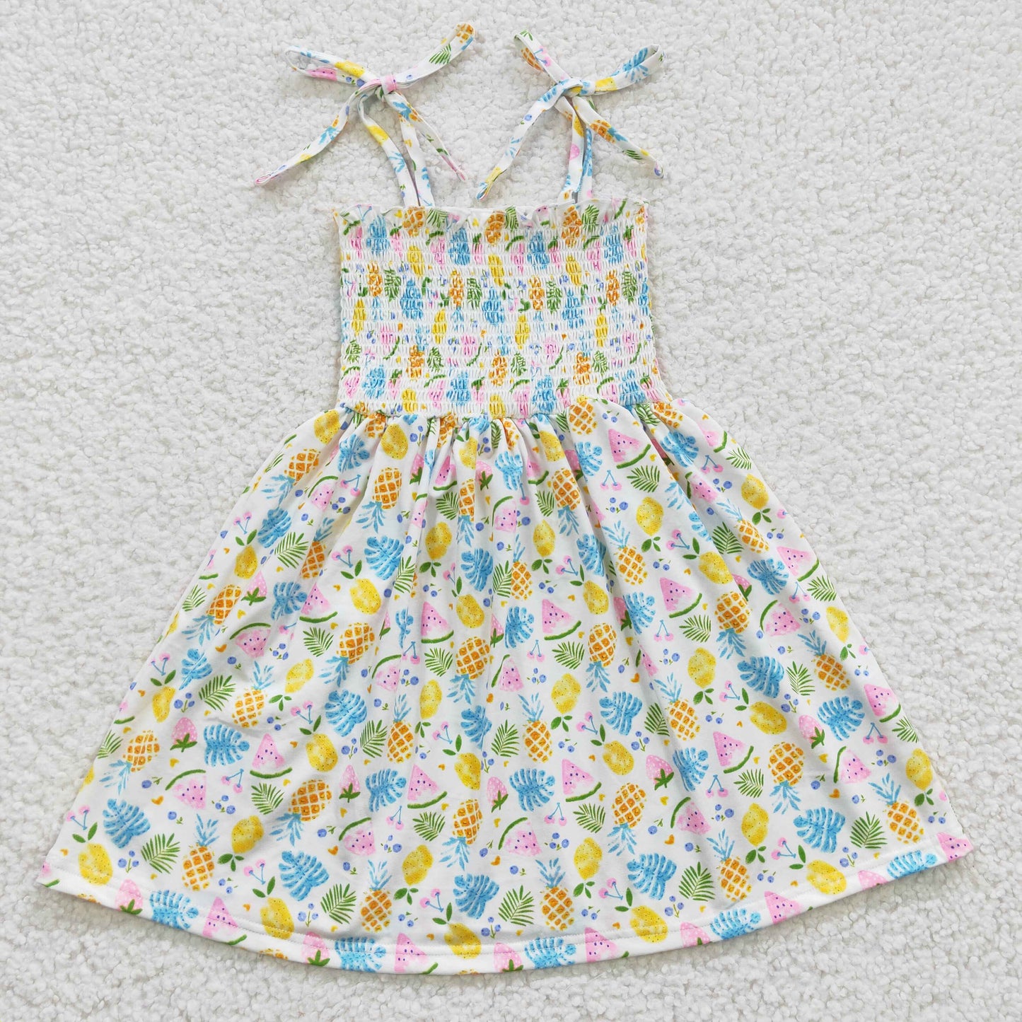 (Promotion)GSD0374 Pineapple Watermelon Print Girls Summer Strap Smocked Dress