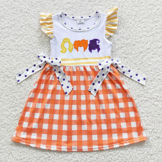 GSD0382 Witch Embroidery Orange Checkered Girls Halloween Knee Length Dress
