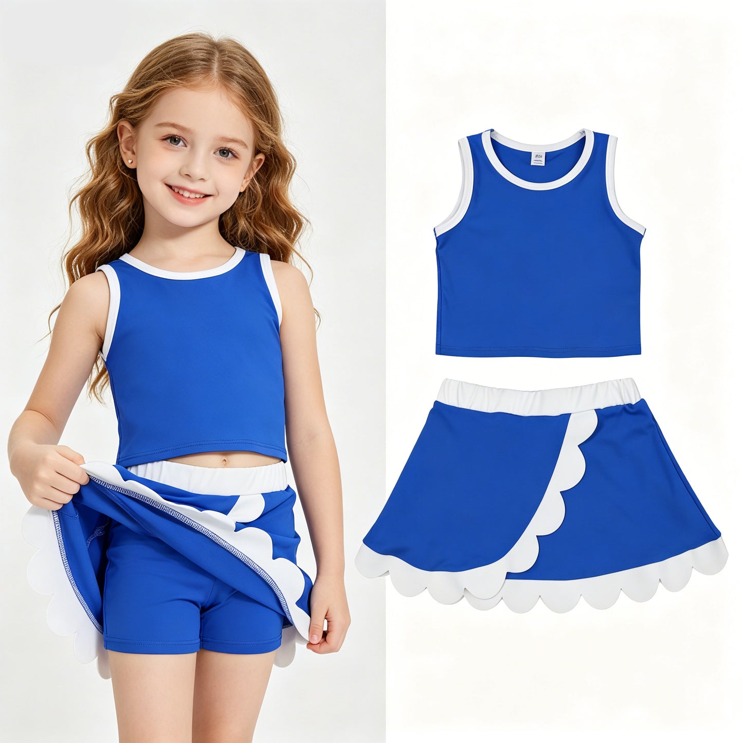Toddler Girls Royalblue Scalloped  2-Piece Set | Sleeveless Top & Skort Active Outfit