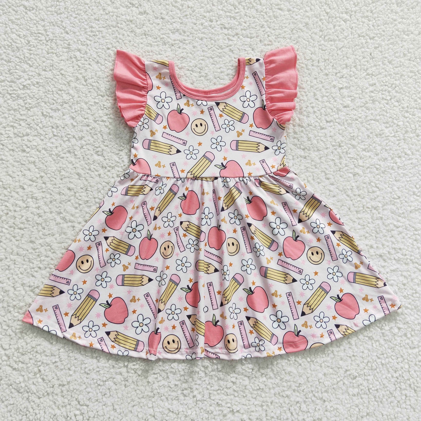 GSD0406 Pen Apple Smiling Flowers Girls Flutter Sleeve Back to School Dress