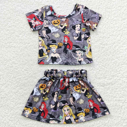 GSD0424 Cartoon Princess Pumpkin Print Girls Halloween Skirts Clothes Set