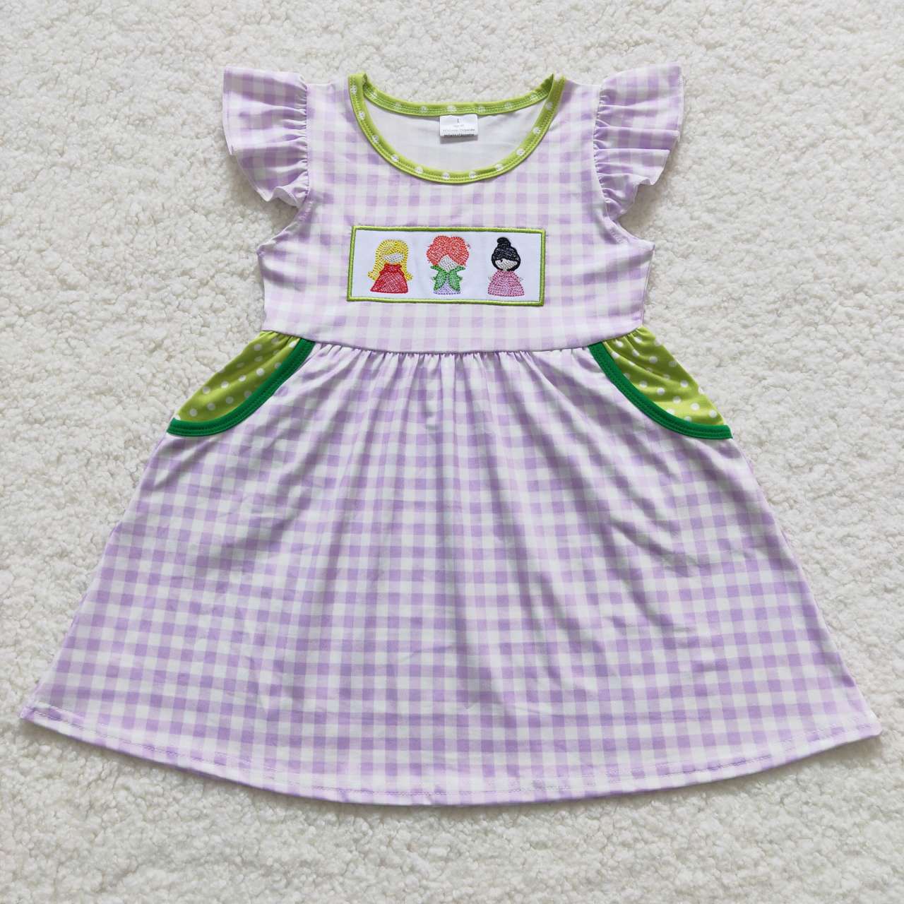 GSD0451 Witch Embroidery Purple Checkerd Girls Halloween Knee Length Dress