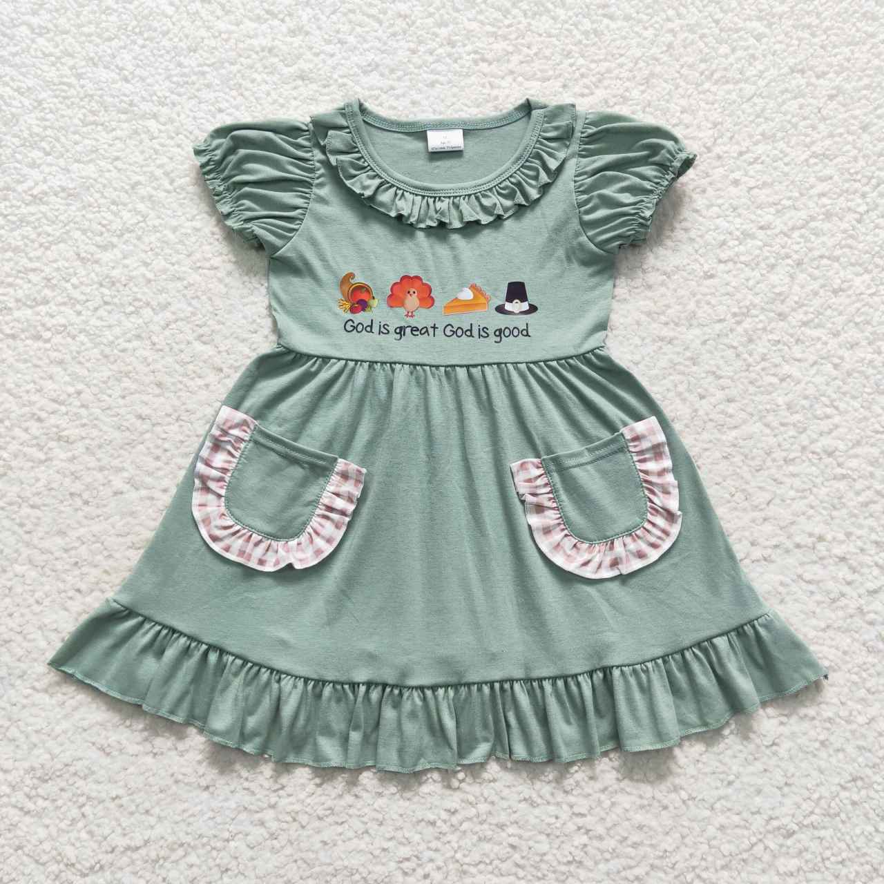 GSD0481 Turkey Pie Vinyl Pockets Girls Thanksgiving Knee Length Ruffle Dress