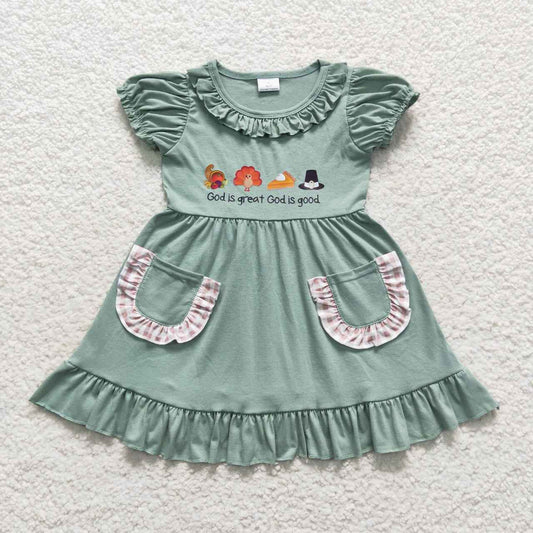GSD0481 Turkey Pie Vinyl Pockets Girls Thanksgiving Knee Length Ruffle Dress