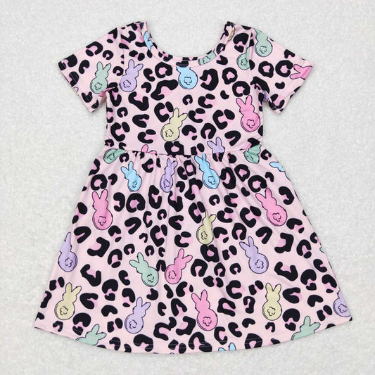GSD0508 Bunny Leopard Pink Print Girls Easter Knee Length Dress