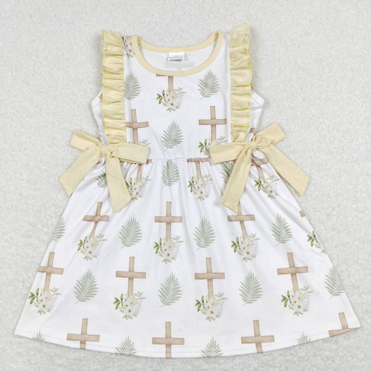 GSD0571 Cross Flowers Print Girls Easter Knee Length Dress