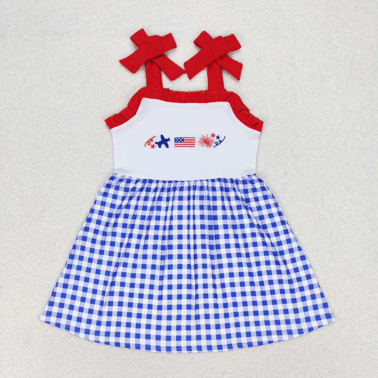GSD0827 Flag Embroidery Blue Plaid Baby Girls 4th of July Strap Dress